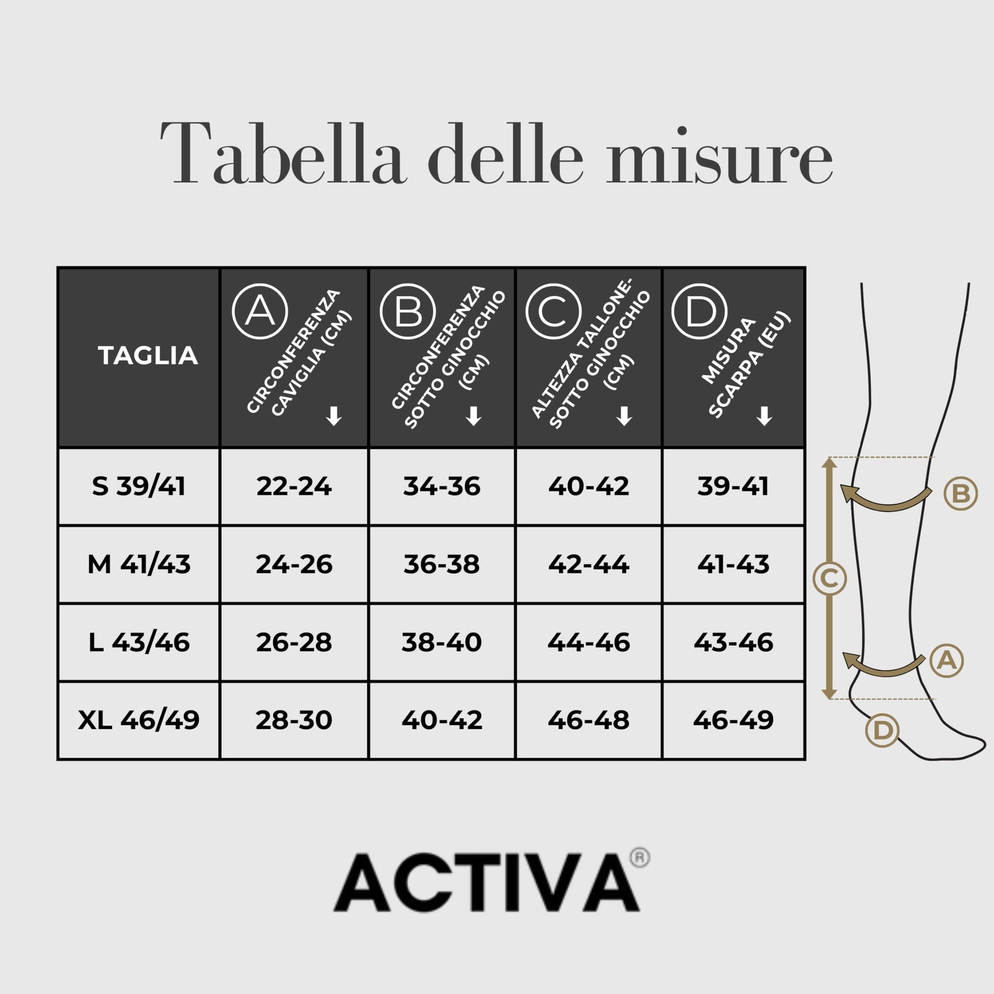 Tabella misure gambaletti uomo ACTIVA taglia 39-41 41-43 43-46 46-49 circonferenza caviglia